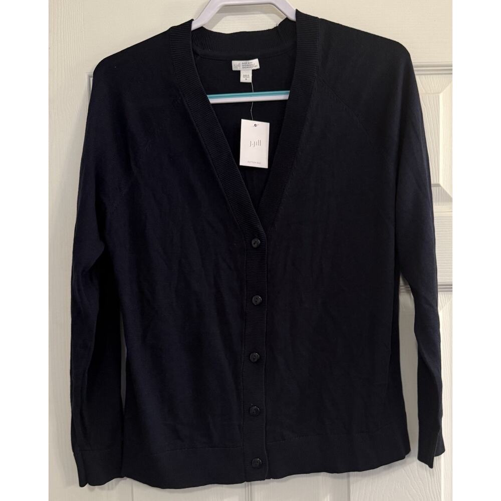 J Jill Cardigan Sz MED Navy Blue 5-Button Classic Staple Basic Organic‎ Cotton